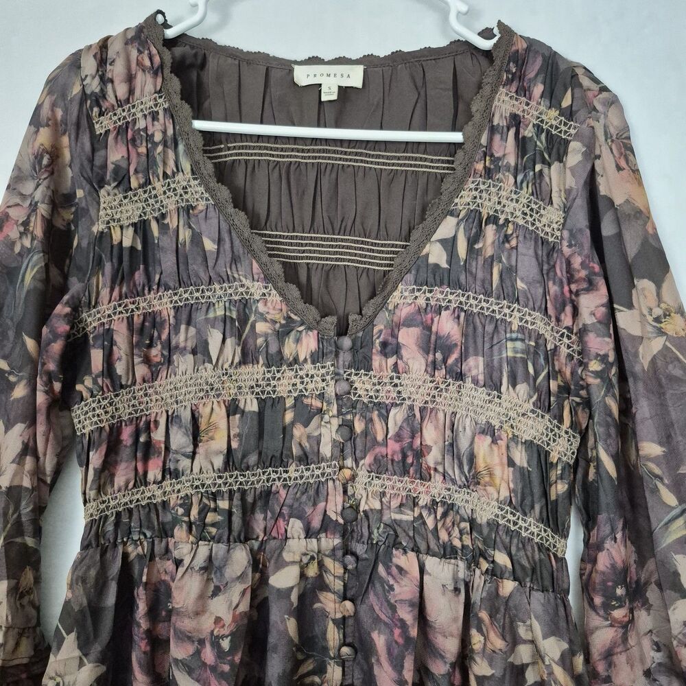 Promesa Small Brown Boho Blossoms Floral Bell-Sleeve Midi Dress Romantic Whimsy - Picture 10 of 12